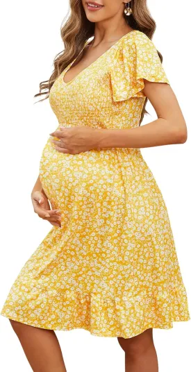 Adorel Maternity Dress Midi Ruffle V-Neck Flowy Smocked Empire Waist Casual Pregnant Outfit Baby Shower