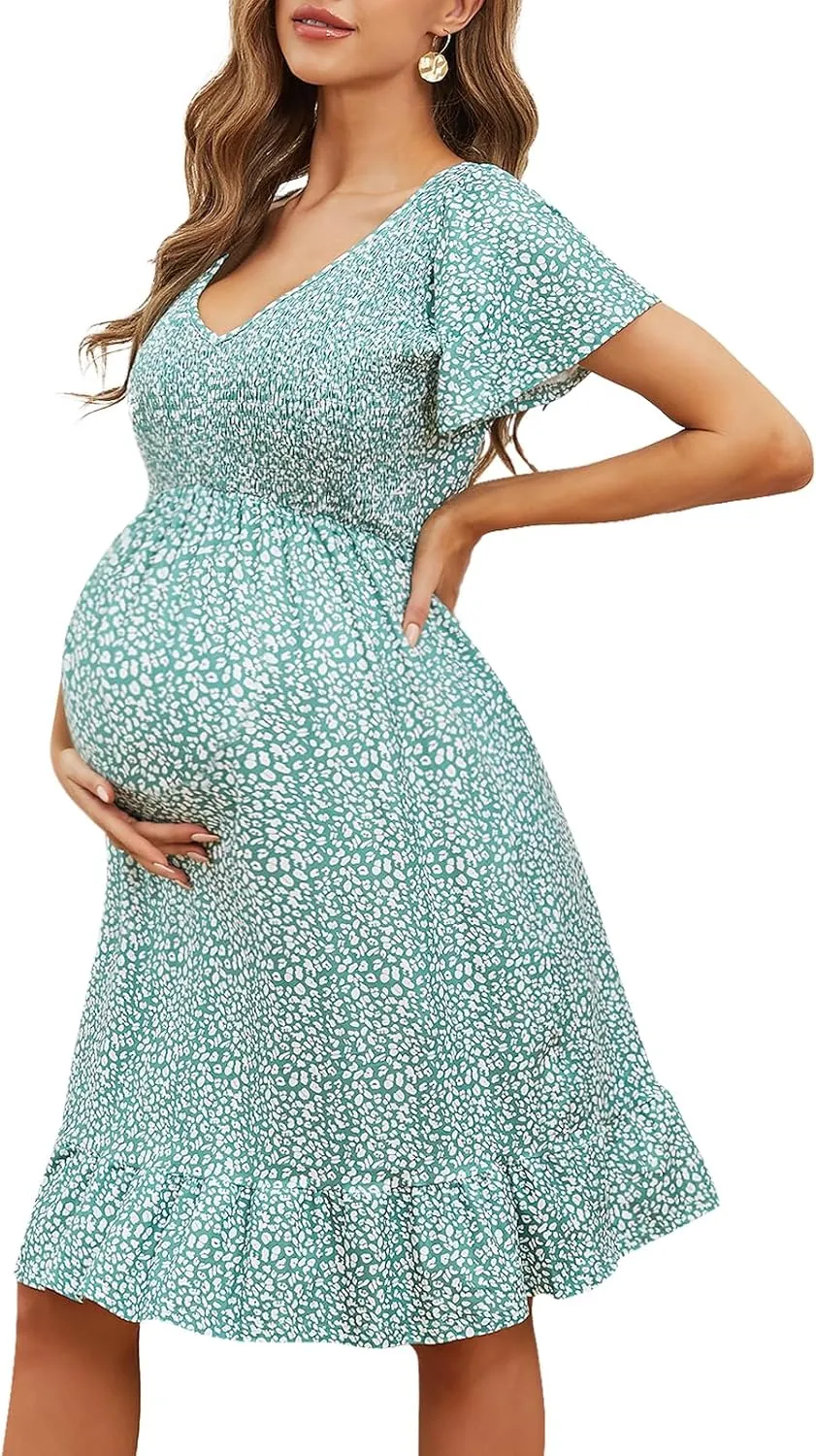 Adorel Maternity Dress Midi Ruffle V-Neck Flowy Smocked Empire Waist Casual Pregnant Outfit Baby Shower