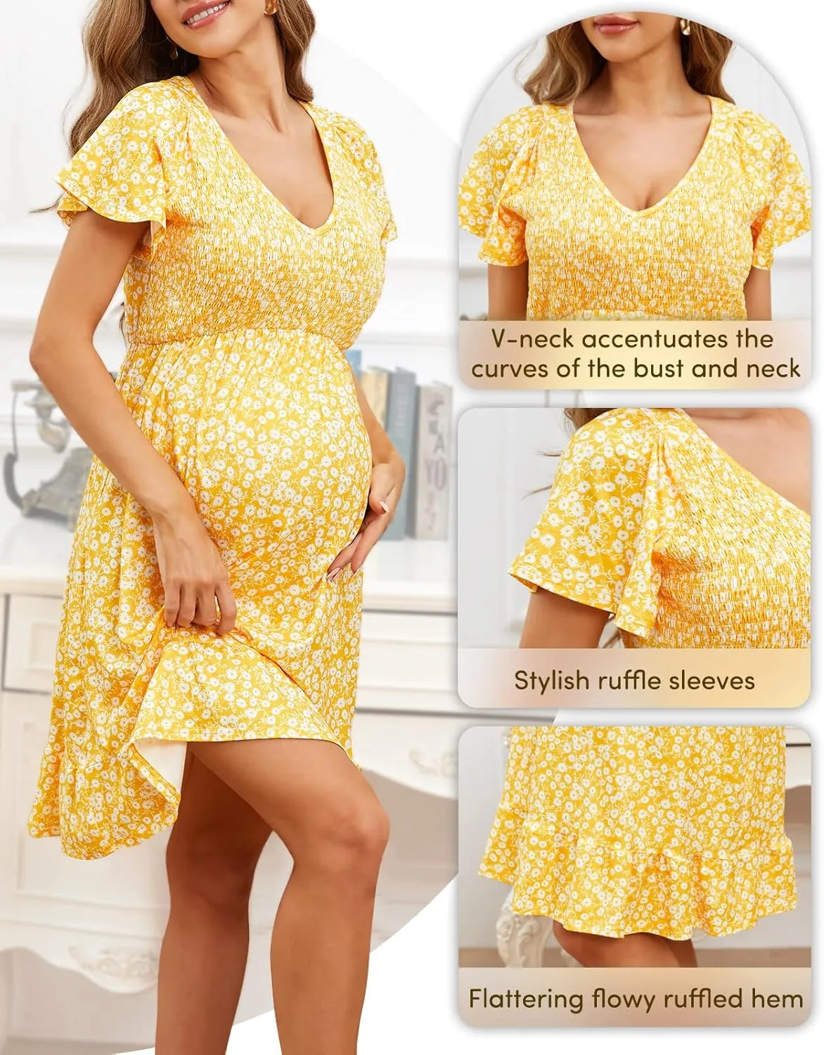 Adorel Maternity Dress Midi Ruffle V-Neck Flowy Smocked Empire Waist Casual Pregnant Outfit Baby Shower