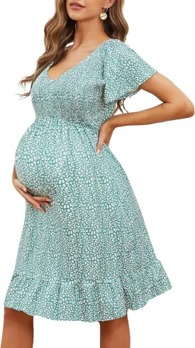 Adorel Maternity Dress Midi Ruffle V-Neck Flowy Smocked Empire Waist Casual Pregnant Outfit Baby Shower