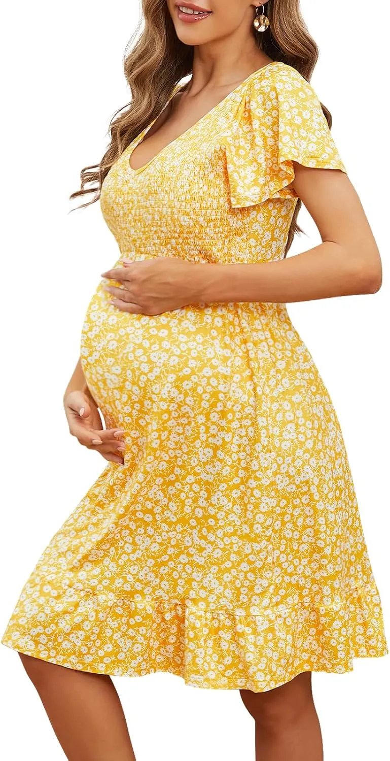 Adorel Maternity Dress Midi Ruffle V-Neck Flowy Smocked Empire Waist Casual Pregnant Outfit Baby Shower