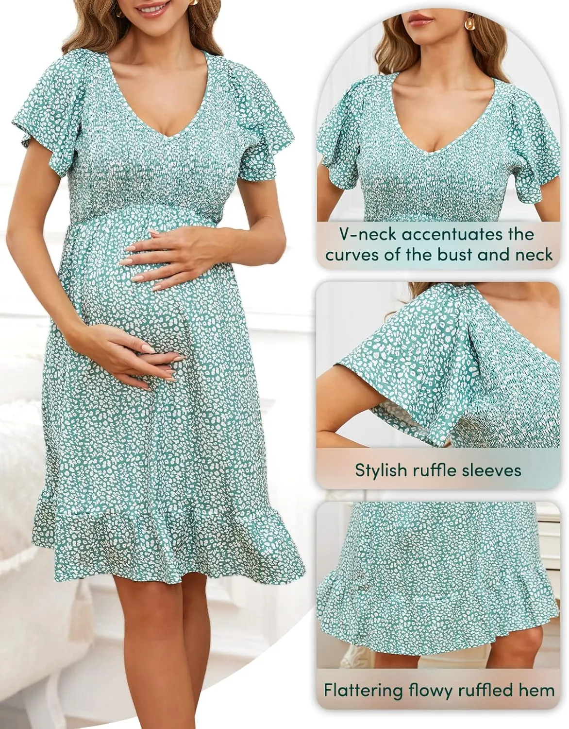 Adorel Maternity Dress Midi Ruffle V-Neck Flowy Smocked Empire Waist Casual Pregnant Outfit Baby Shower