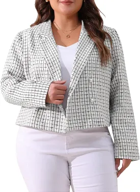 Agnes Orinda Women Plus Size Tweed Blazer Jacket Notched Lapel Business Casual Fashion Elegant Spring Jackets
