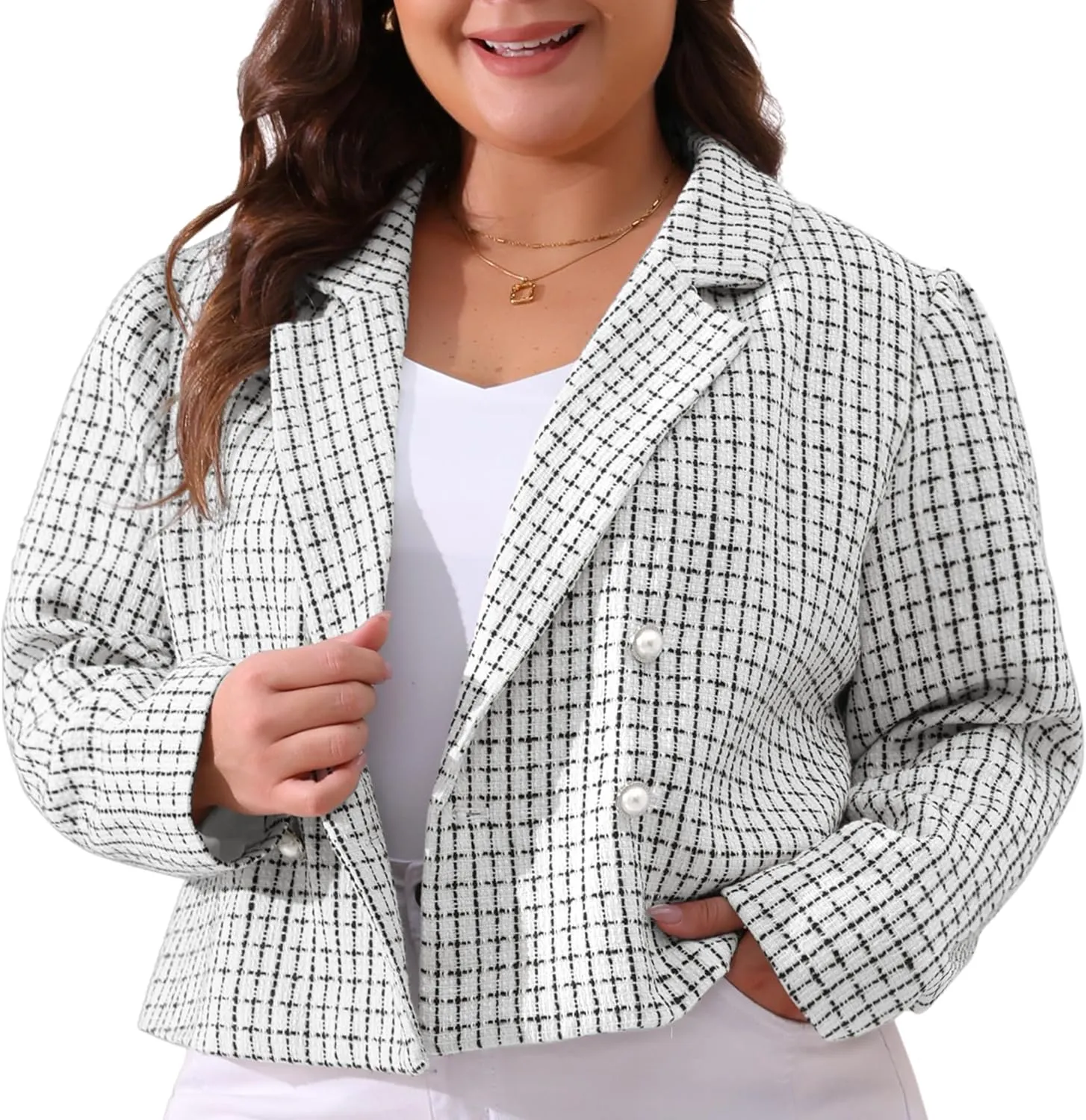Agnes Orinda Women Plus Size Tweed Blazer Jacket Notched Lapel Business Casual Fashion Elegant Spring Jackets