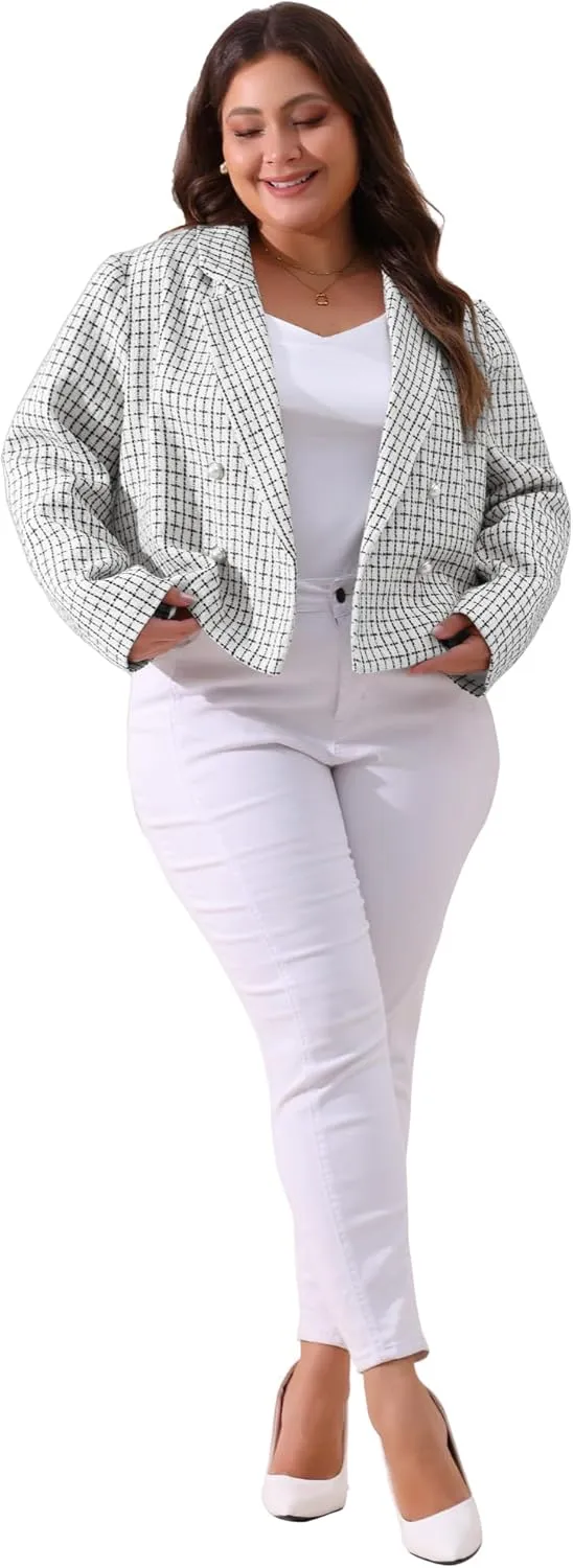 Agnes Orinda Women Plus Size Tweed Blazer Jacket Notched Lapel Business Casual Fashion Elegant Spring Jackets