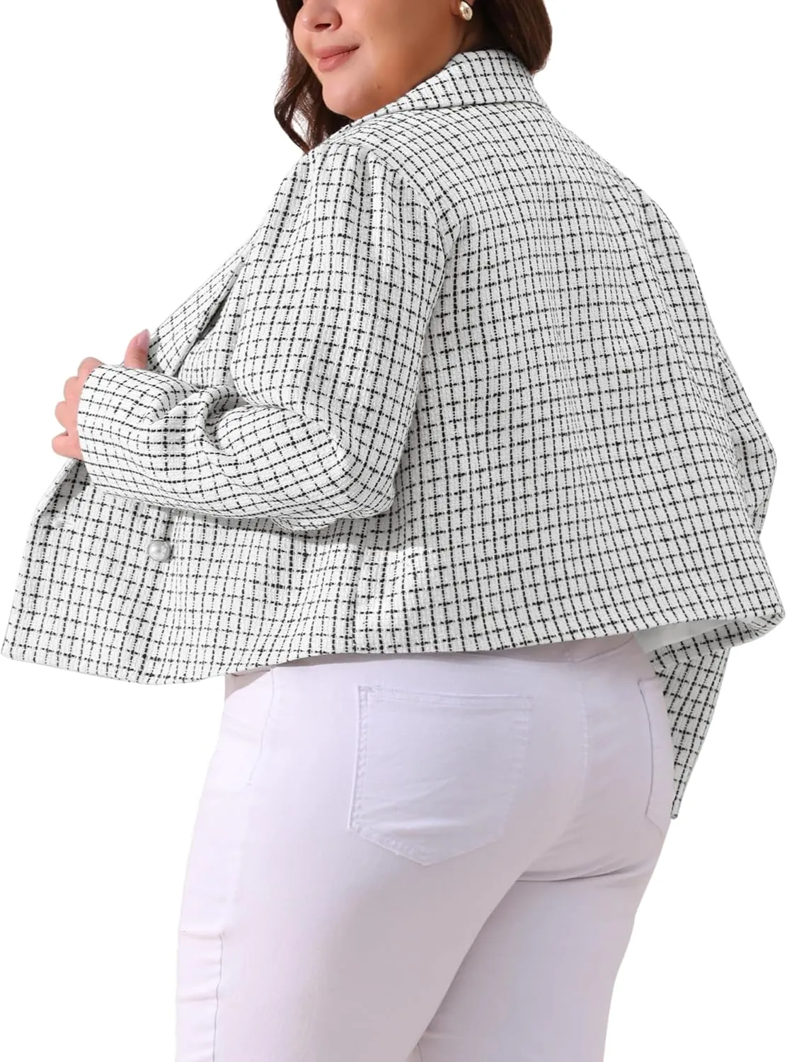 Agnes Orinda Women Plus Size Tweed Blazer Jacket Notched Lapel Business Casual Fashion Elegant Spring Jackets