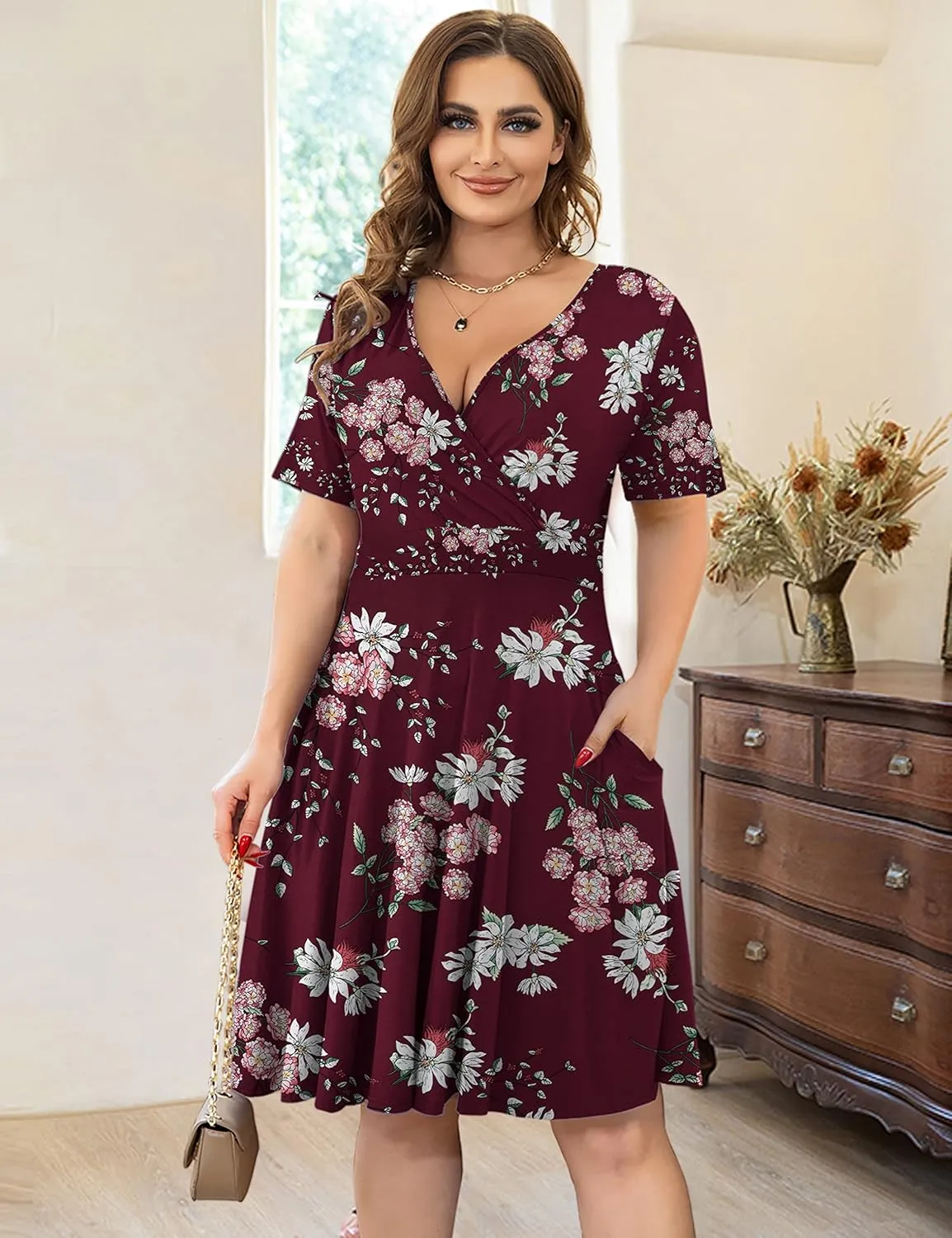 Ahlaray Womens Plus Size Dresses Short Sleeve Faux Wrap Causal Swing Dress with Pockets, L-4XL