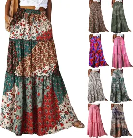 Boho Maxi Skirts for Women Casual High Waisted Tiered A Line Skirt Pleated Ruffle Hem Flowy Long Skirts with Pockets
