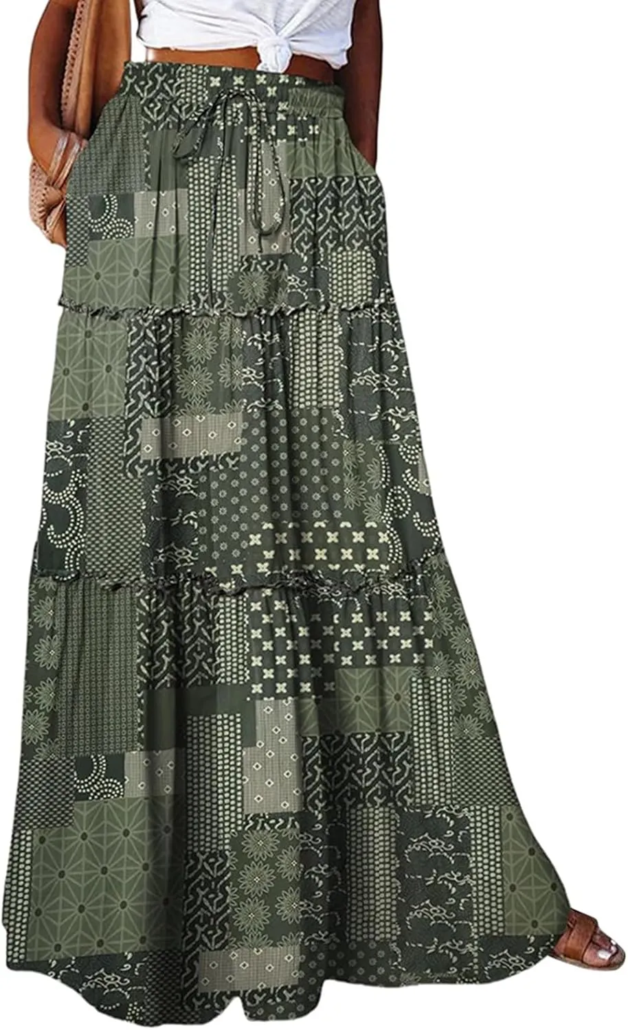 Boho Maxi Skirts for Women Pleated High Waisted Tiered A Line Skirt 2025 Summer Casual Flowy Long Skirts with Pockets