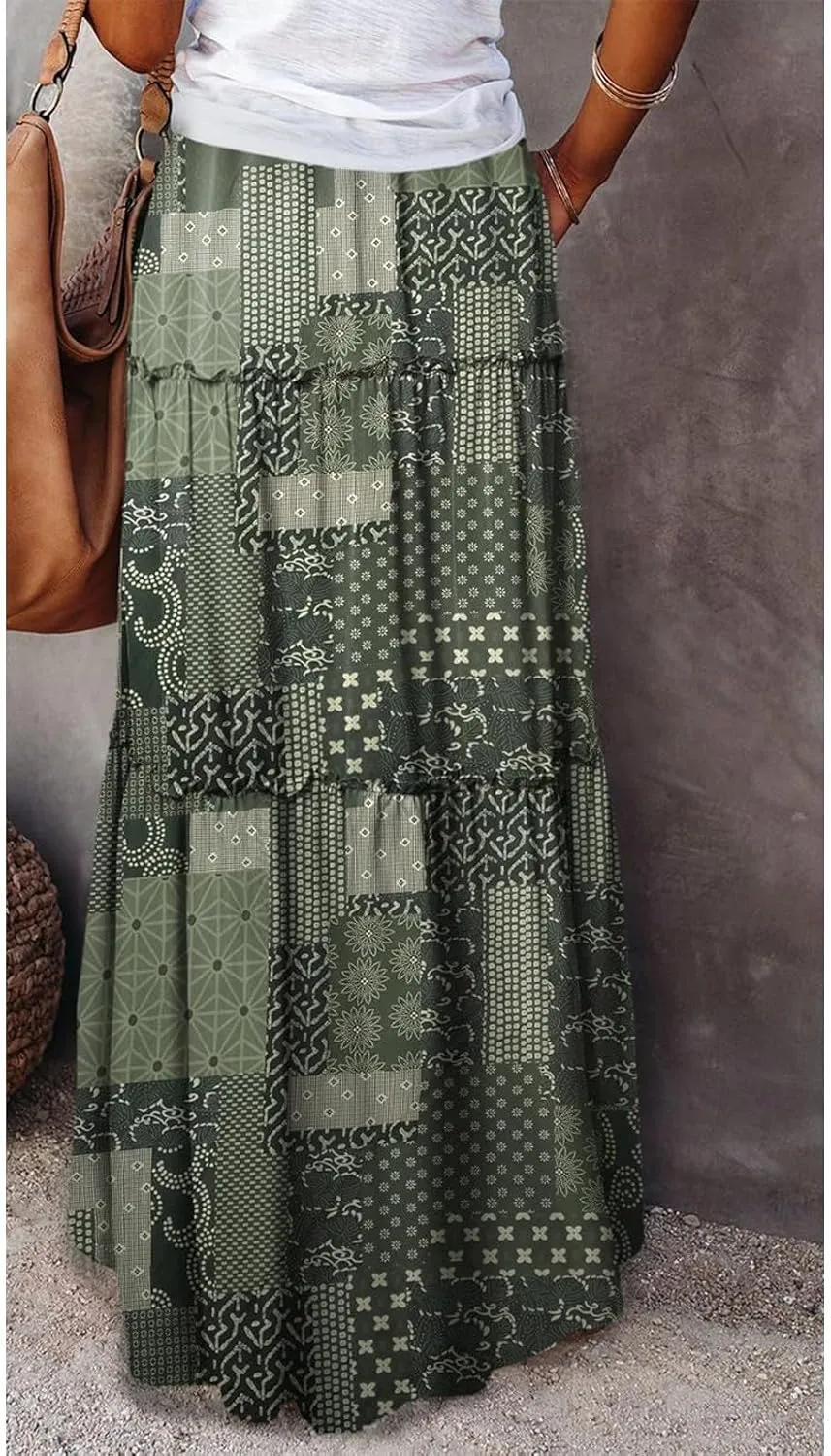 Boho Maxi Skirts for Women Pleated High Waisted Tiered A Line Skirt 2025 Summer Casual Flowy Long Skirts with Pockets