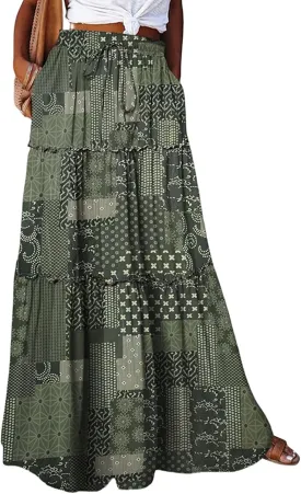 Boho Maxi Skirts for Women Pleated High Waisted Tiered A Line Skirt 2025 Summer Casual Flowy Long Skirts with Pockets