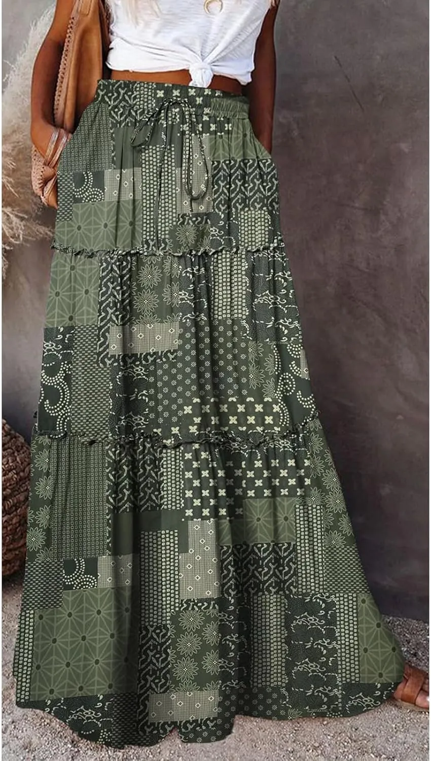 Boho Maxi Skirts for Women Pleated High Waisted Tiered A Line Skirt 2025 Summer Casual Flowy Long Skirts with Pockets