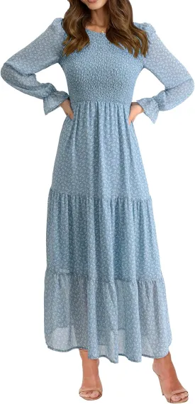 BTFBM Women Casual Long Sleeve Crew Neck Fall Dress Bohemian Relaxed Fit Floral Flowy Maxi Dresses Tiered Cocktail Dress