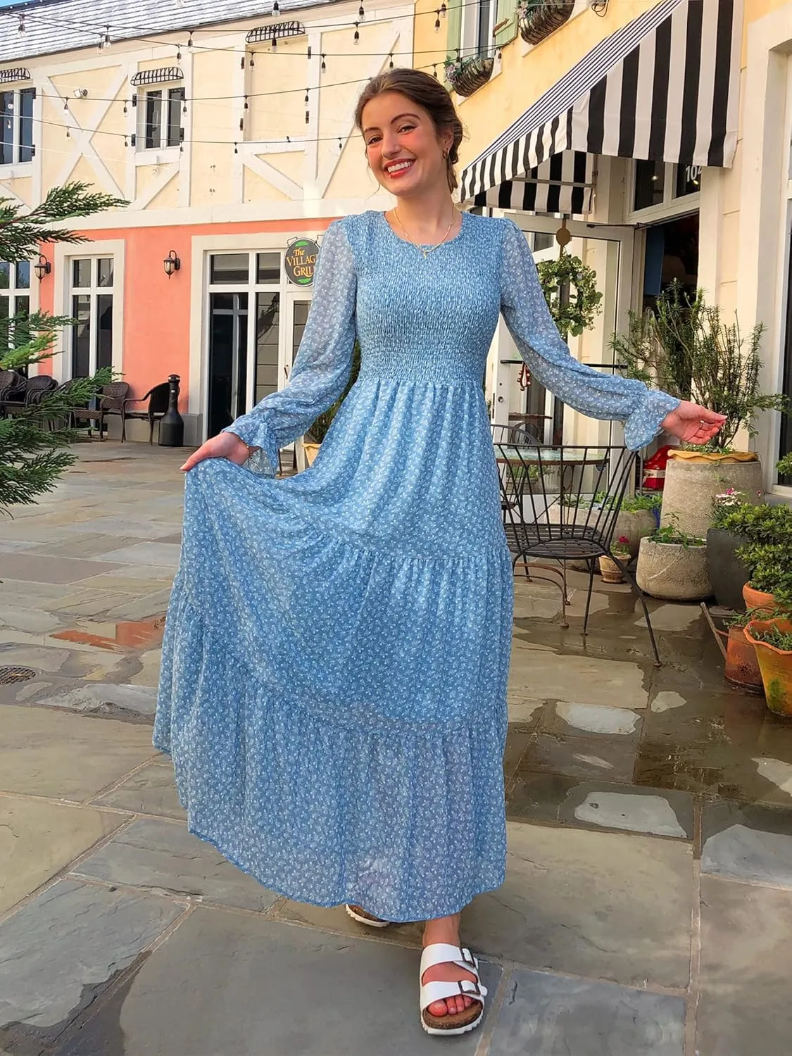 BTFBM Women Casual Long Sleeve Crew Neck Fall Dress Bohemian Relaxed Fit Floral Flowy Maxi Dresses Tiered Cocktail Dress