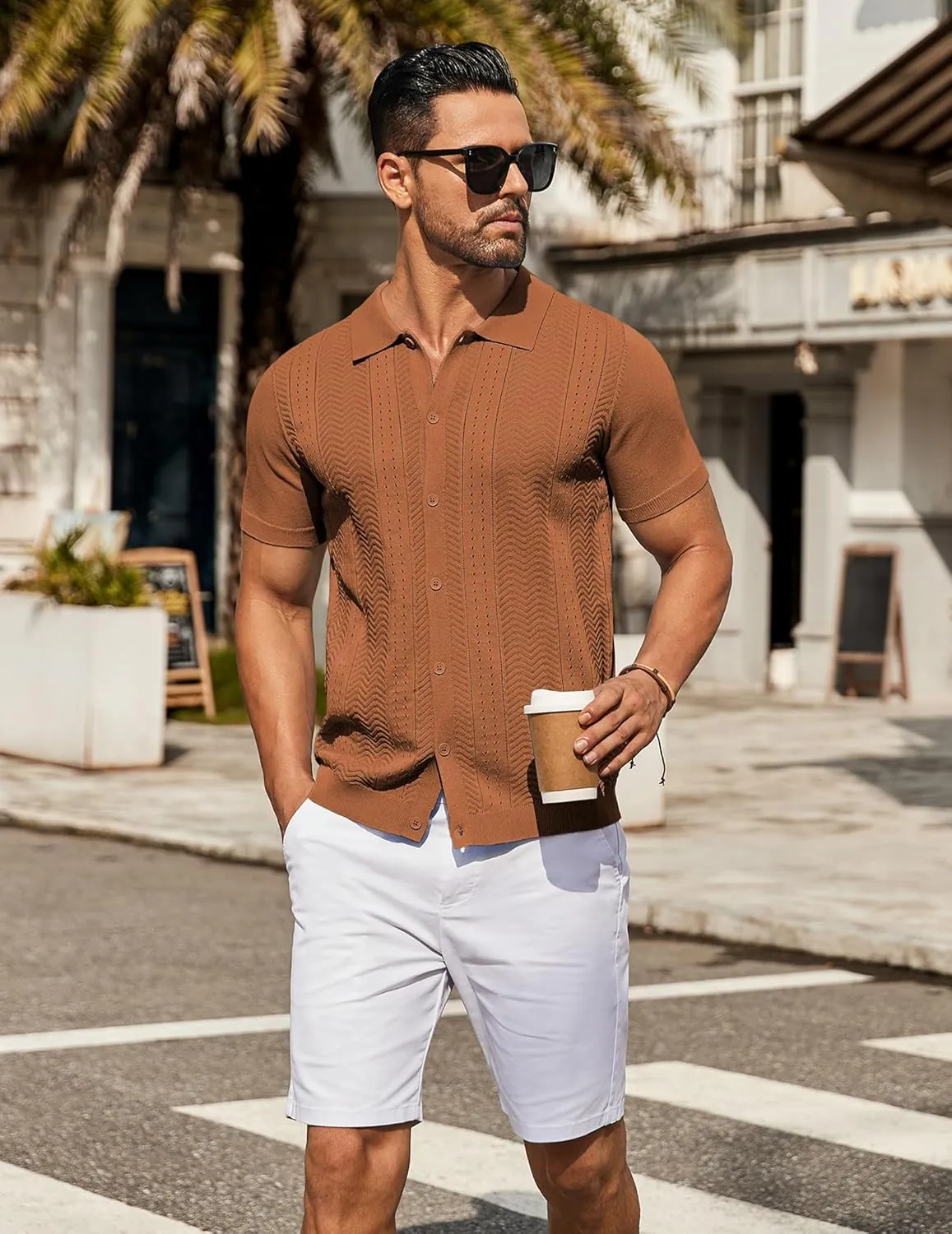 COOFANDY Mens Knit Button Down Shirt Short Sleeve Summer Casual Shirts Vintage Beach Vacation Shirts