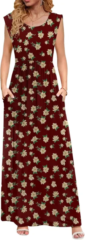 DB MOON Womens 2025 Maxi Dresses Empire Waist Long Summer Dress Casual Cap Short Sleeve Sundress with Pockets
