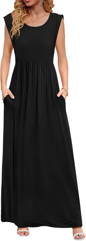 DB MOON Womens 2025 Maxi Dresses Empire Waist Long Summer Dress Casual Cap Short Sleeve Sundress with Pockets