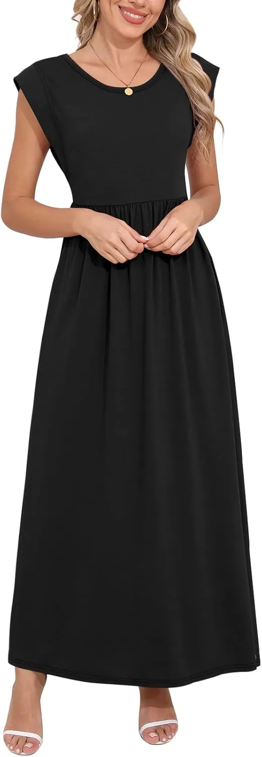 DB MOON Womens 2025 Maxi Dresses Empire Waist Long Summer Dress Casual Cap Short Sleeve Sundress with Pockets