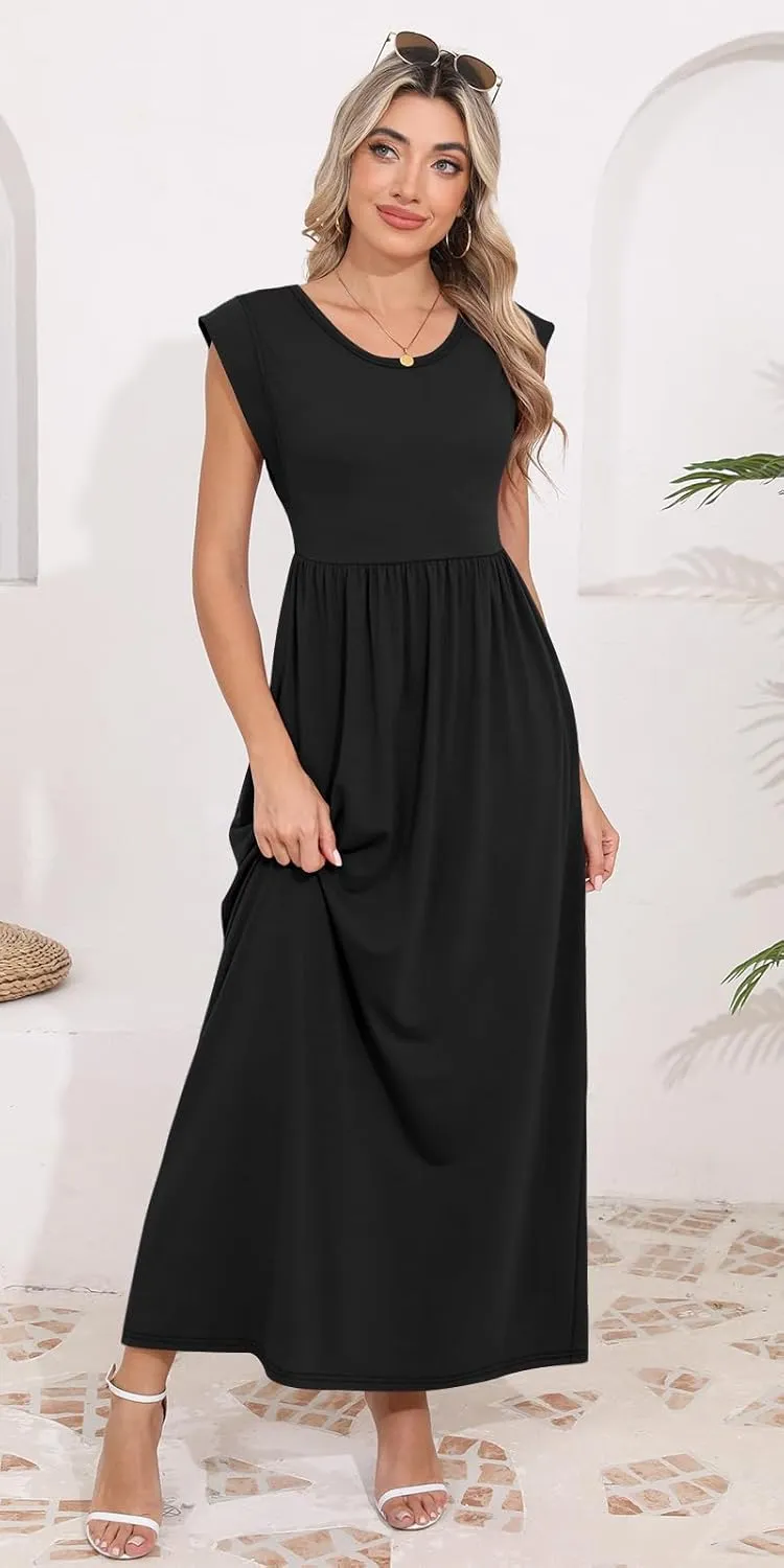 DB MOON Womens 2025 Maxi Dresses Empire Waist Long Summer Dress Casual Cap Short Sleeve Sundress with Pockets
