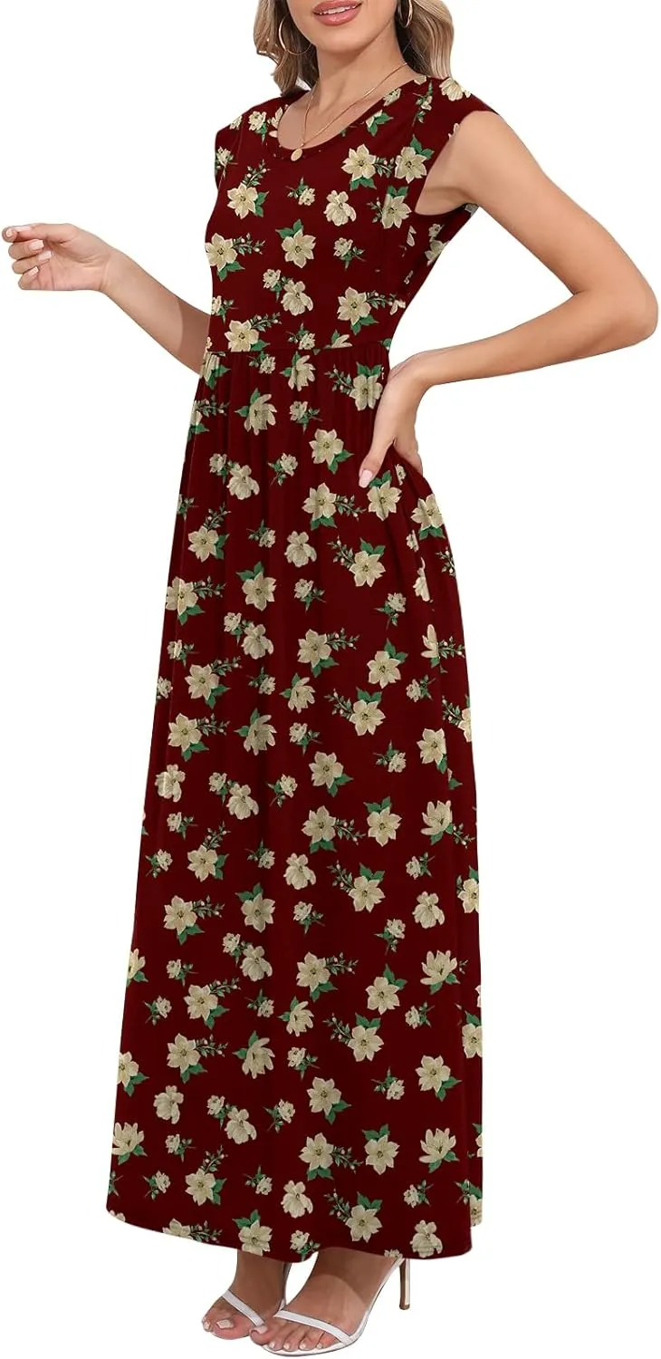 DB MOON Womens 2025 Maxi Dresses Empire Waist Long Summer Dress Casual Cap Short Sleeve Sundress with Pockets