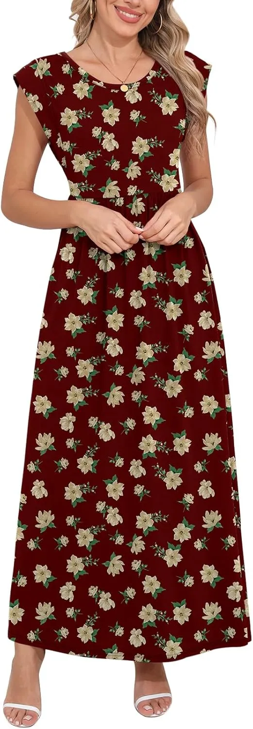 DB MOON Womens 2025 Maxi Dresses Empire Waist Long Summer Dress Casual Cap Short Sleeve Sundress with Pockets