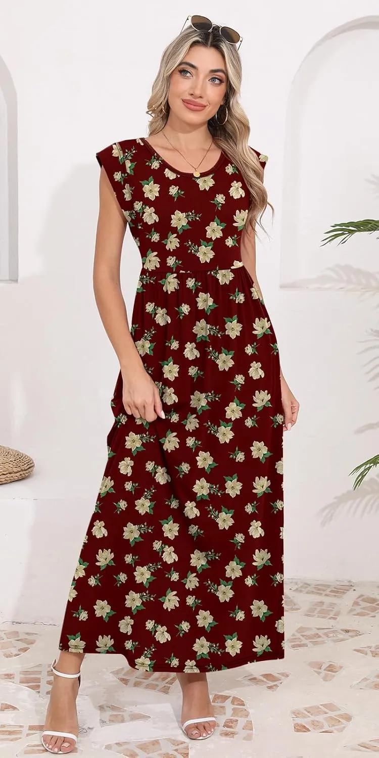 DB MOON Womens 2025 Maxi Dresses Empire Waist Long Summer Dress Casual Cap Short Sleeve Sundress with Pockets