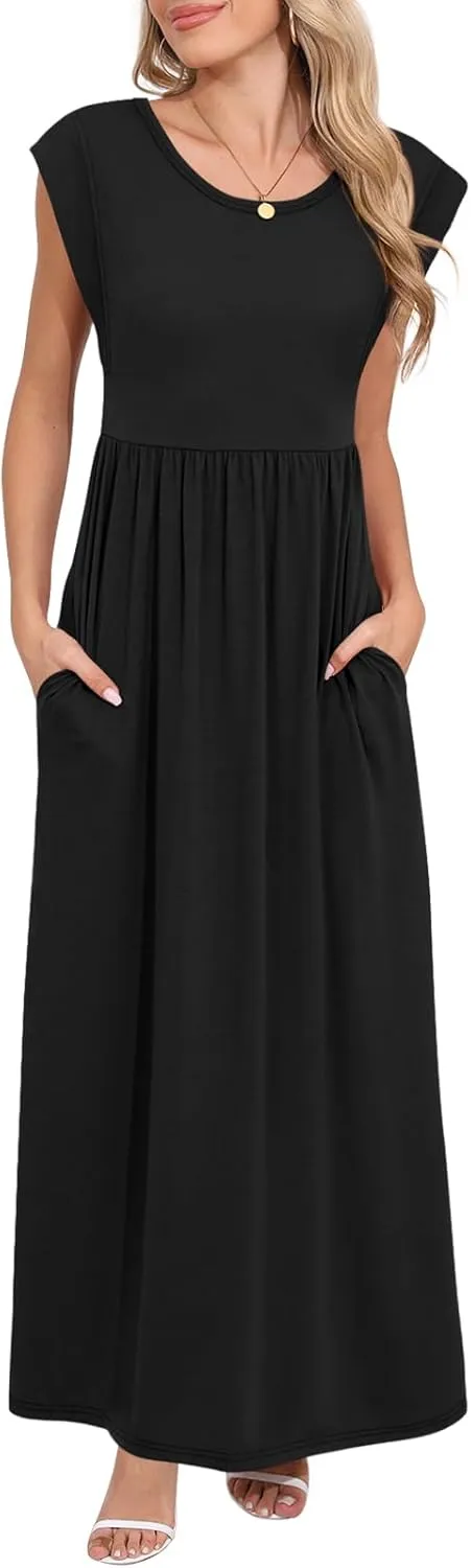 DB MOON Womens 2025 Maxi Dresses Empire Waist Long Summer Dress Casual Cap Short Sleeve Sundress with Pockets