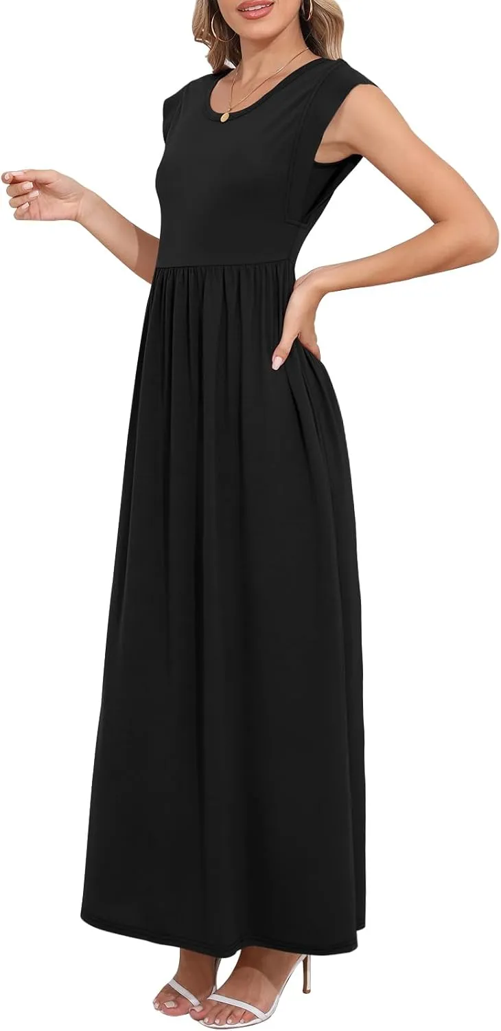 DB MOON Womens 2025 Maxi Dresses Empire Waist Long Summer Dress Casual Cap Short Sleeve Sundress with Pockets