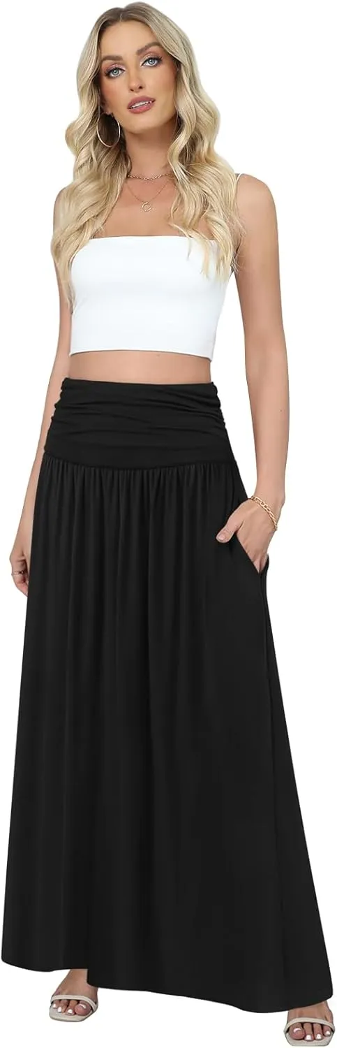 DouBCQ Maxi Skirts for Women High Waisted Long Skirts with Pockets Ankle Length Casual Skirt