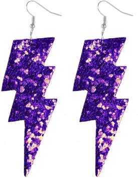 Exaggerated Lightweight Faux Leather Lightning Earrings with Shiny Glitter Sequins Flash Bolt Spot Drop Dangle Earrings Handmade 80s Christmas Jewelry