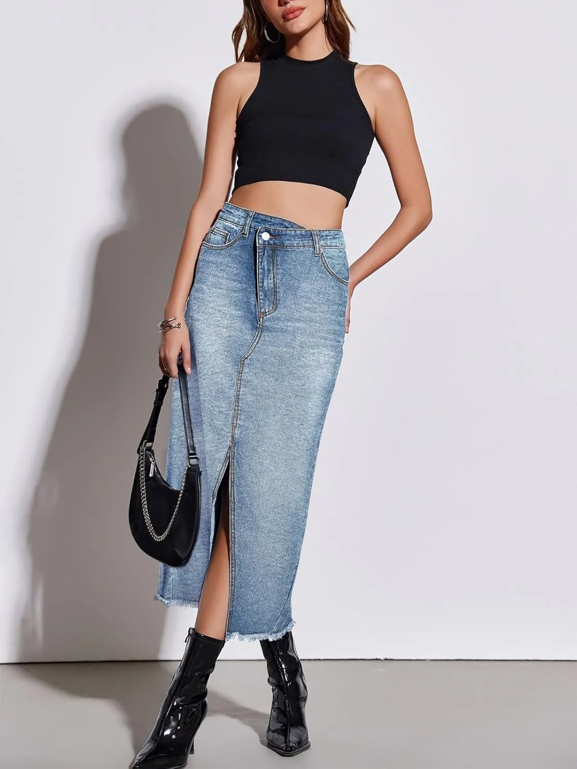 Fisoew Women's High Waisted Denim Maxi Skirts Frayed Hem Split Front Jean Skirts with Pockets