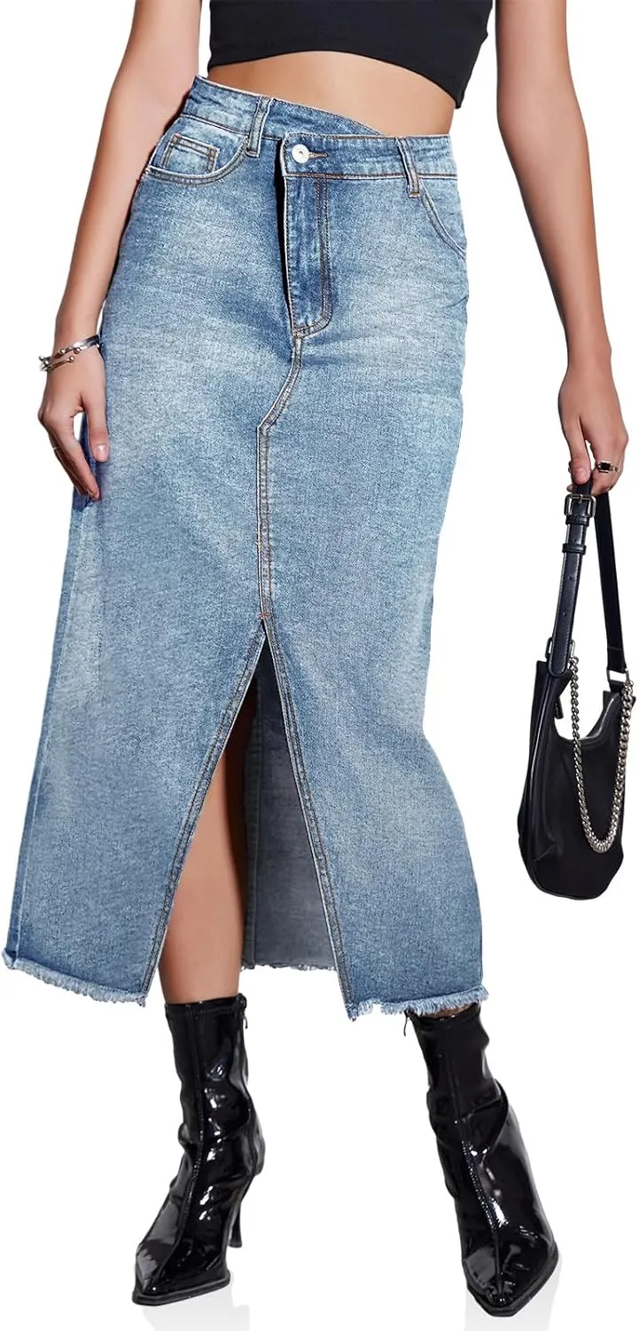 Fisoew Women's High Waisted Denim Maxi Skirts Frayed Hem Split Front Jean Skirts with Pockets