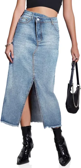 Fisoew Women's High Waisted Denim Maxi Skirts Frayed Hem Split Front Jean Skirts with Pockets