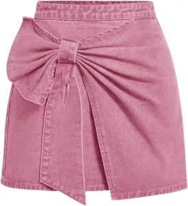 Floerns Women's High Waisted Big Bow Wrap Front Mini Bodycon Denim Skirts