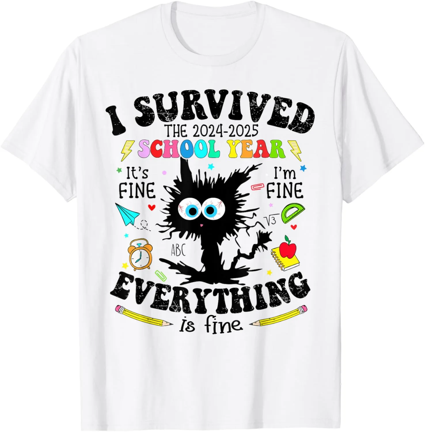 Funny Cat I Survived Last Day of School Teachers Year 2025 T-Shirt