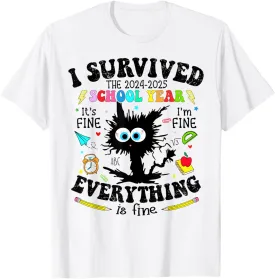 Funny Cat I Survived Last Day of School Teachers Year 2025 T-Shirt