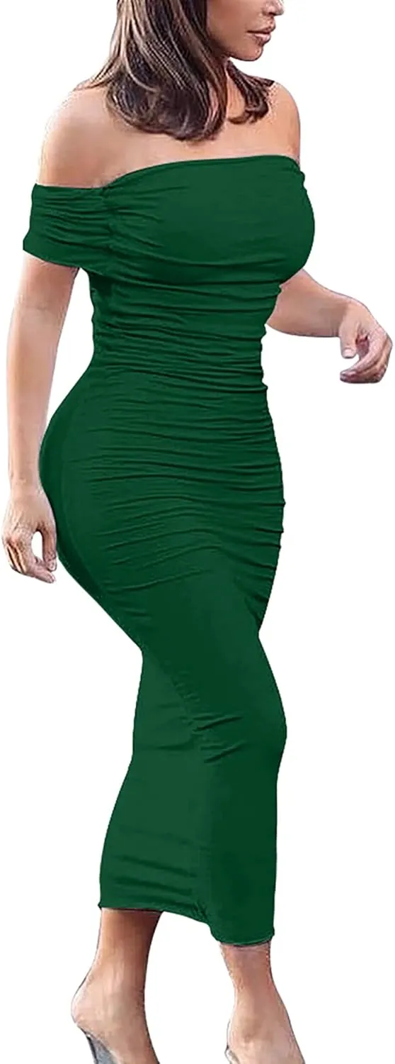 GOBLES Women's Ruched Off Shoulder Short Sleeve Bodycon Midi Elegant Cocktail Party Dress