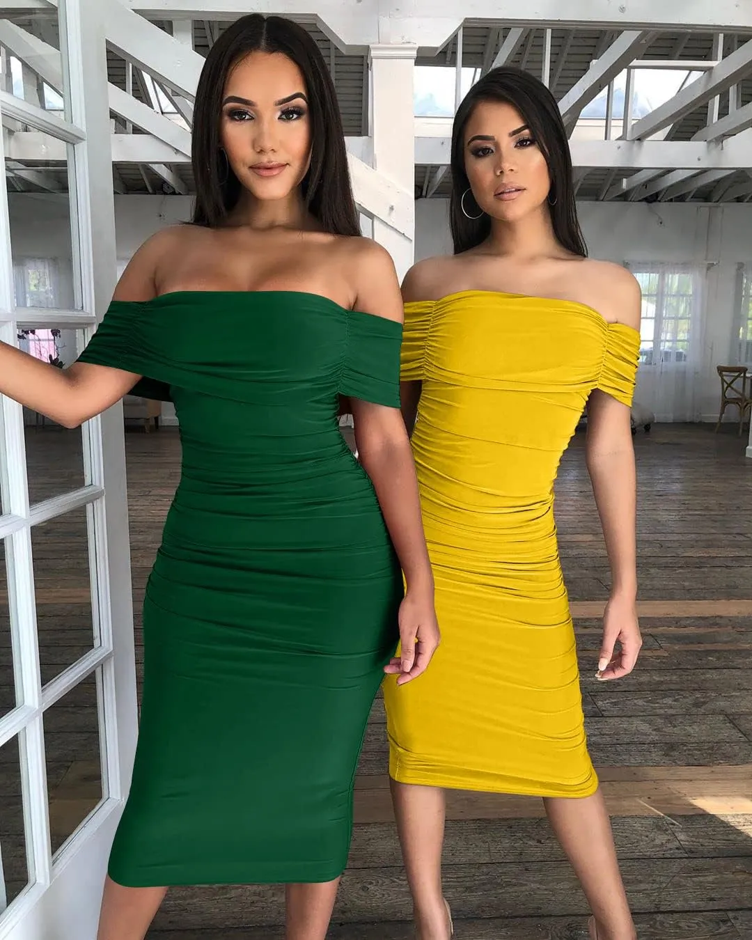 GOBLES Women's Ruched Off Shoulder Short Sleeve Bodycon Midi Elegant Cocktail Party Dress