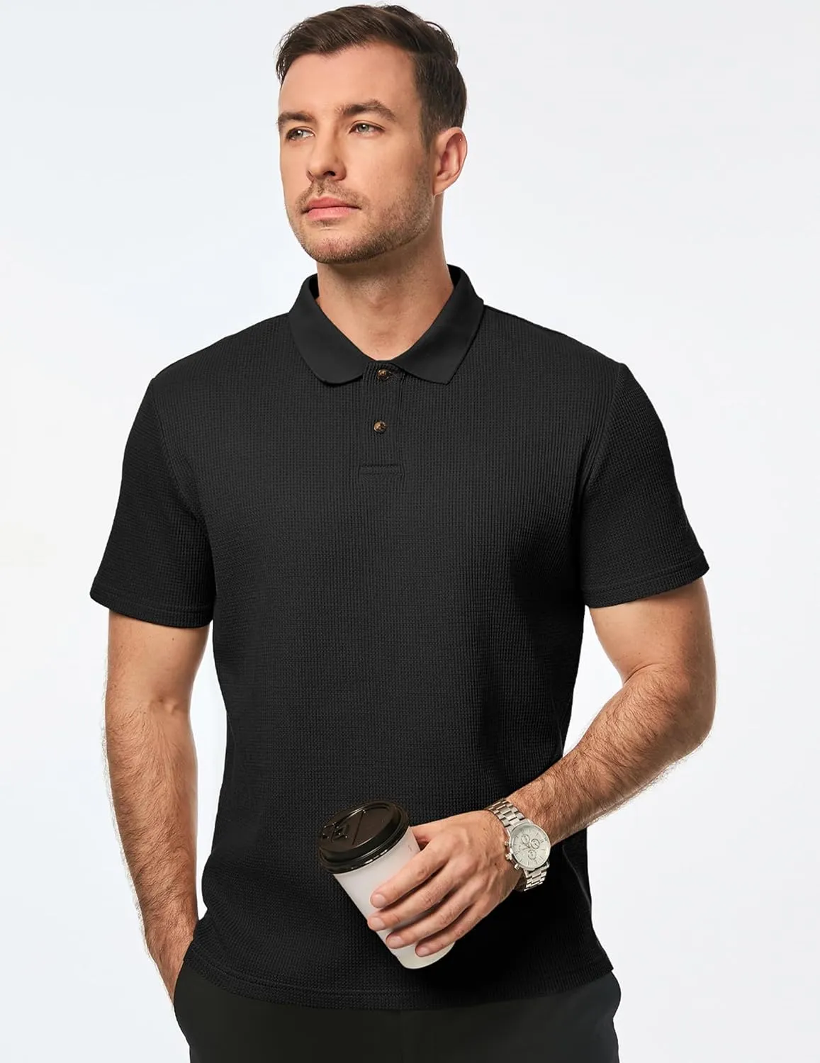 JMIERR Men's Waffle Polo Shirts Summer Casual Short Sleeve T-Shirt Button Up Solid Color Henley Shirts