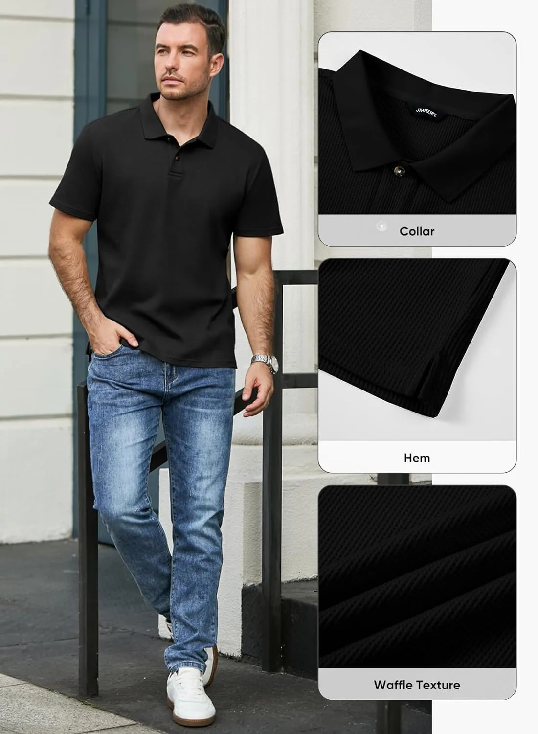 JMIERR Men's Waffle Polo Shirts Summer Casual Short Sleeve T-Shirt Button Up Solid Color Henley Shirts