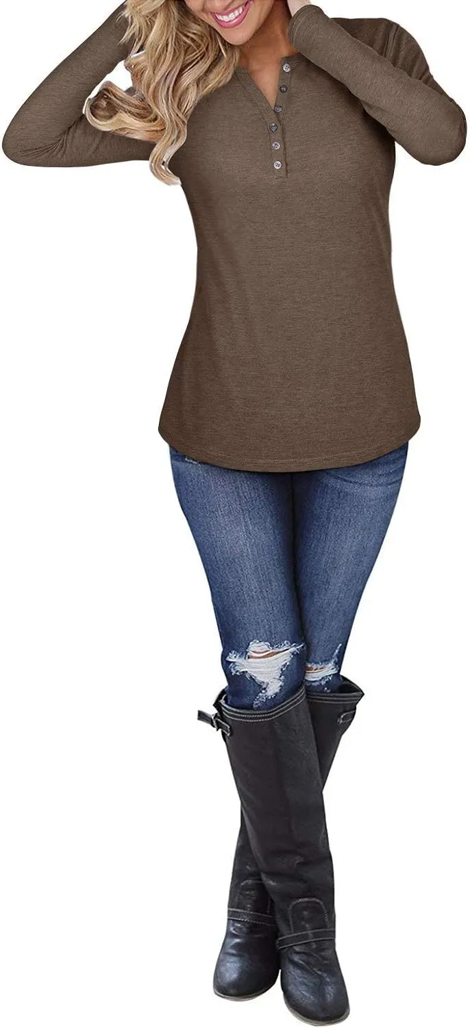KILIG Womens 2024 Long Sleeve V-Neck Button Loose Casual Henley Tunic Tops T Shirt Fashion
