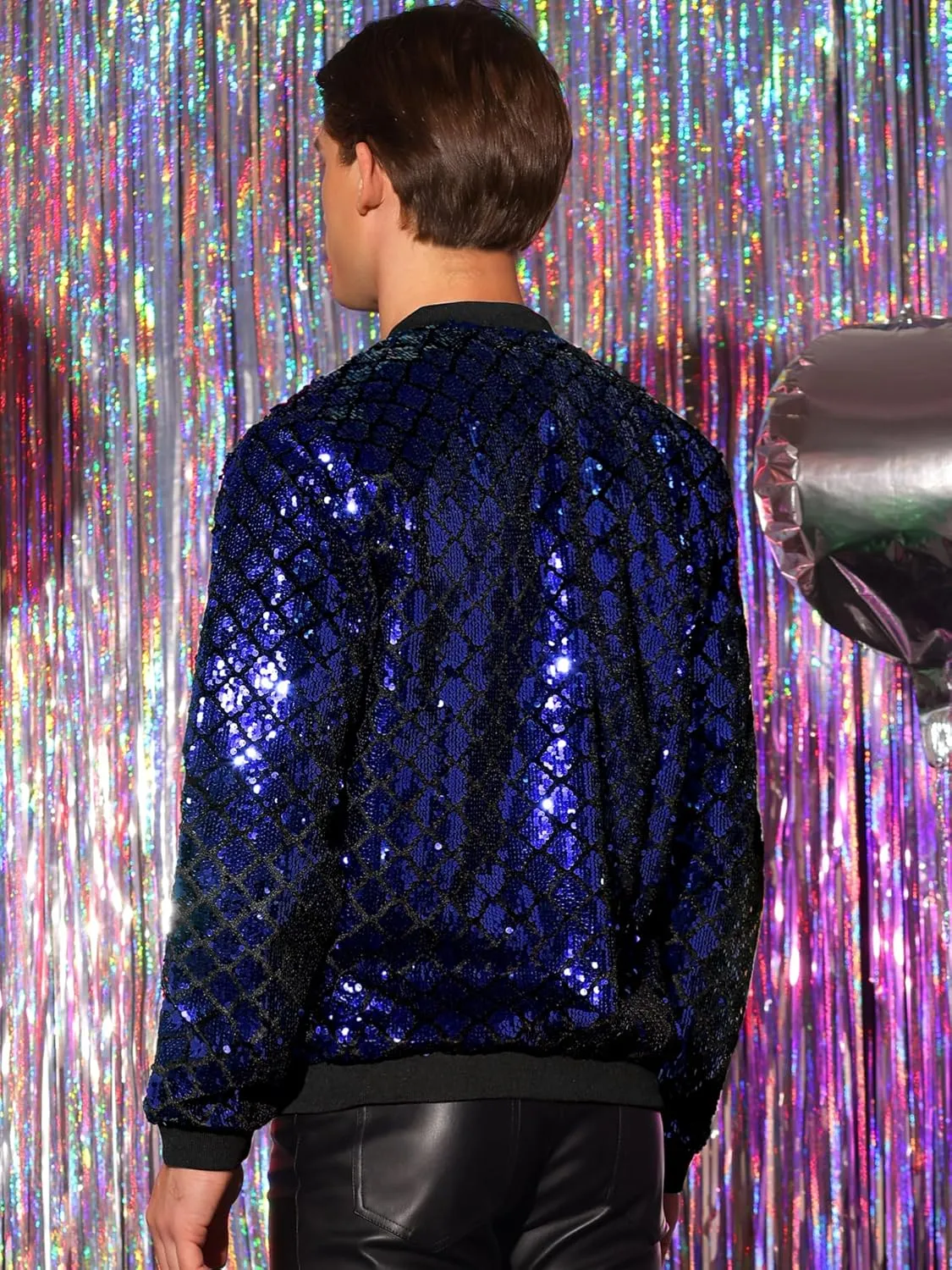 Lars Amadeus Argyle Sequin Bomber Jacket for Men's Party Club Shiny Baseball Varsity Jacket