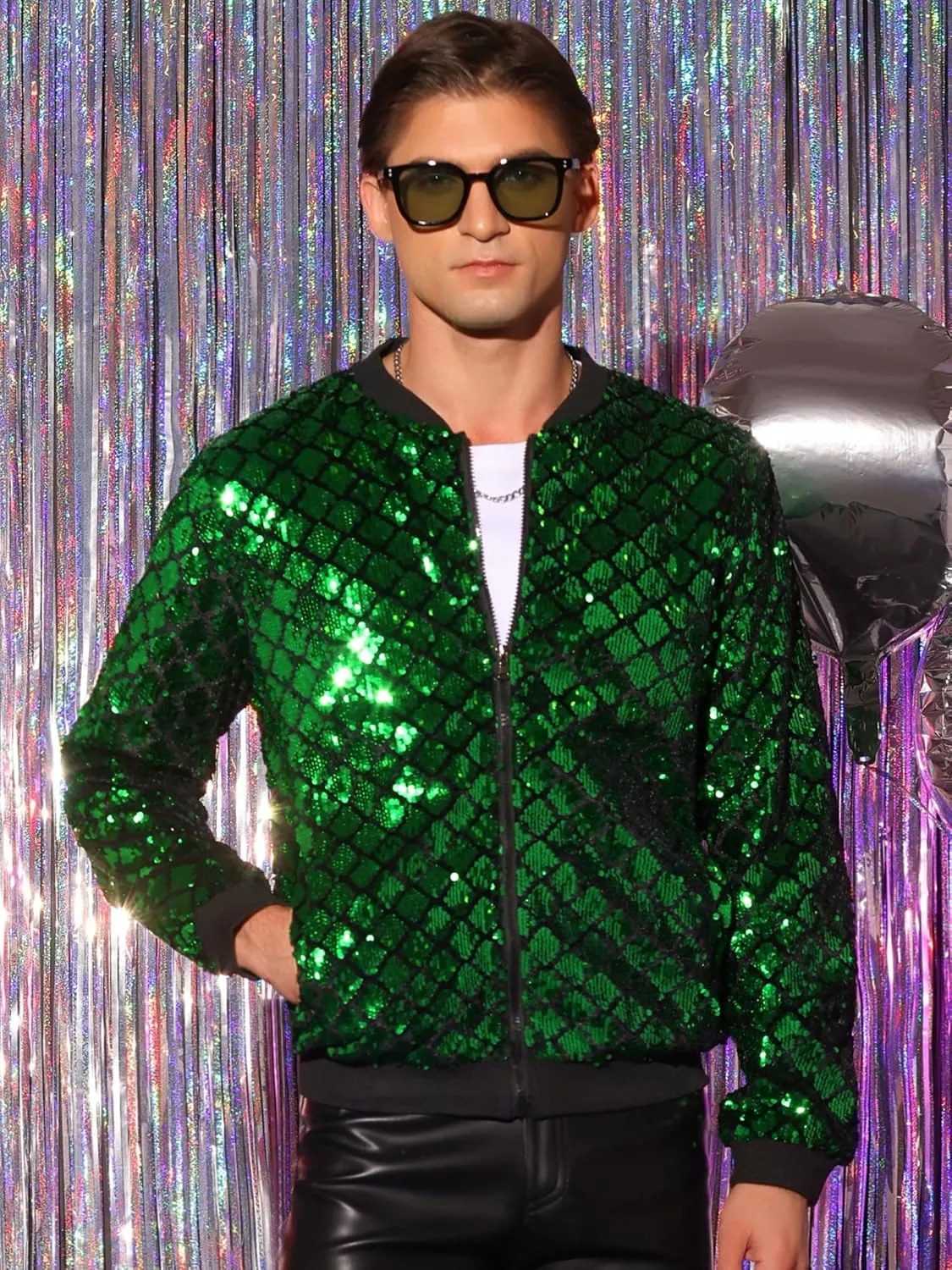 Lars Amadeus Argyle Sequin Bomber Jacket for Men's Party Club Shiny Baseball Varsity Jacket