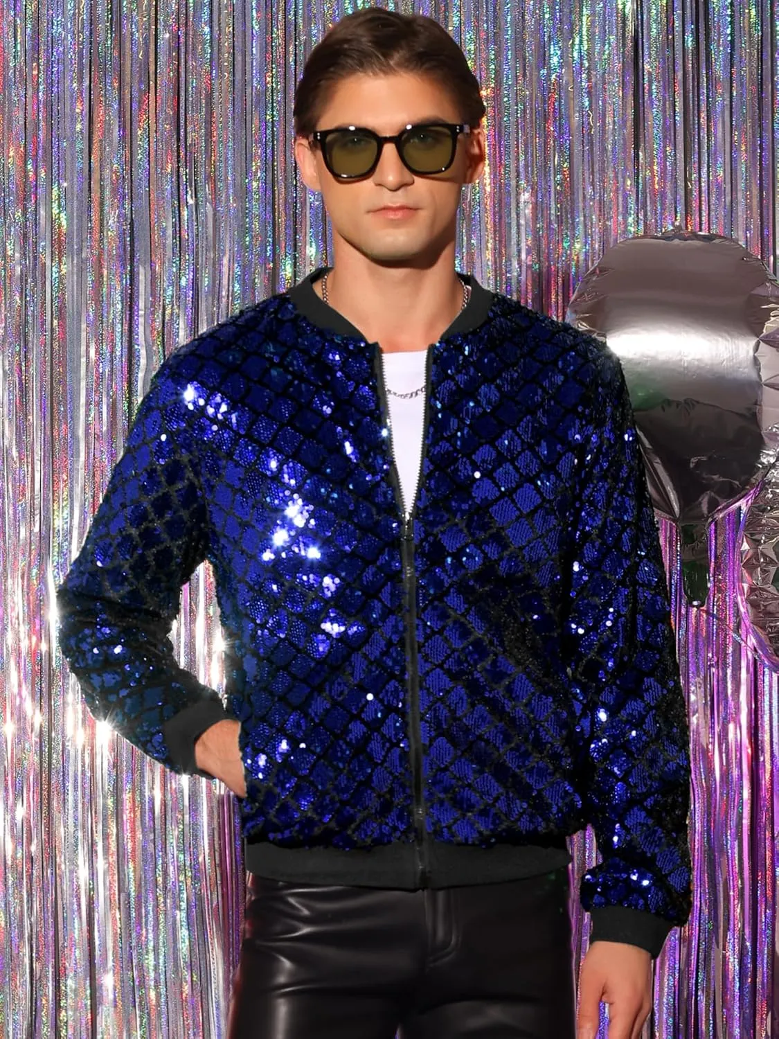 Lars Amadeus Argyle Sequin Bomber Jacket for Men's Party Club Shiny Baseball Varsity Jacket