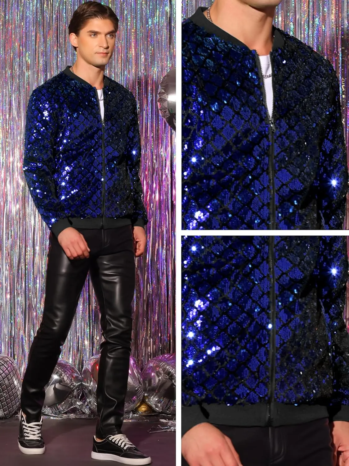 Lars Amadeus Argyle Sequin Bomber Jacket for Men's Party Club Shiny Baseball Varsity Jacket