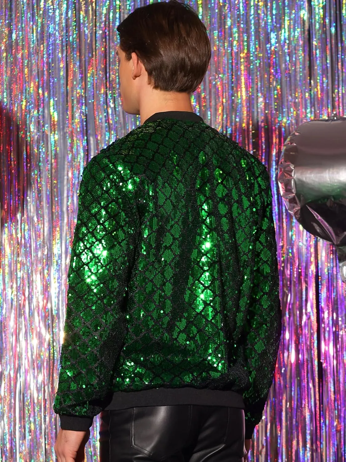 Lars Amadeus Argyle Sequin Bomber Jacket for Men's Party Club Shiny Baseball Varsity Jacket