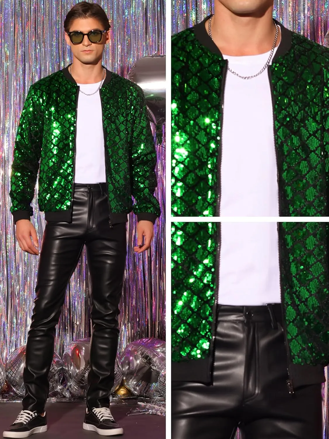 Lars Amadeus Argyle Sequin Bomber Jacket for Men's Party Club Shiny Baseball Varsity Jacket