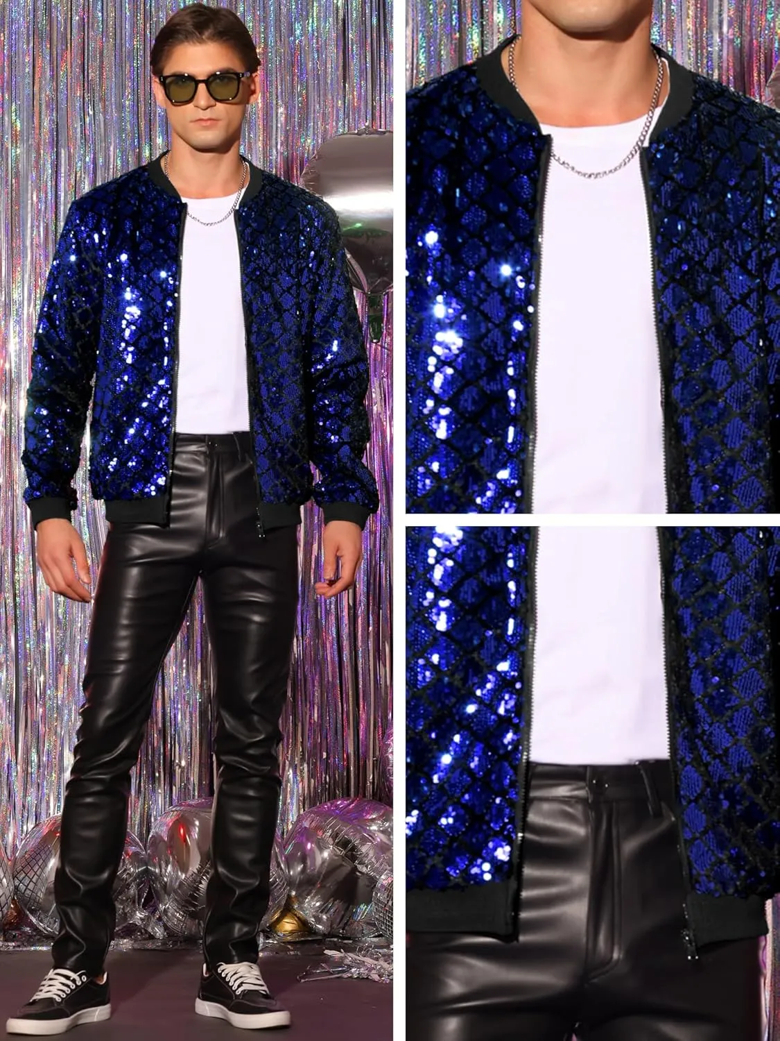 Lars Amadeus Argyle Sequin Bomber Jacket for Men's Party Club Shiny Baseball Varsity Jacket
