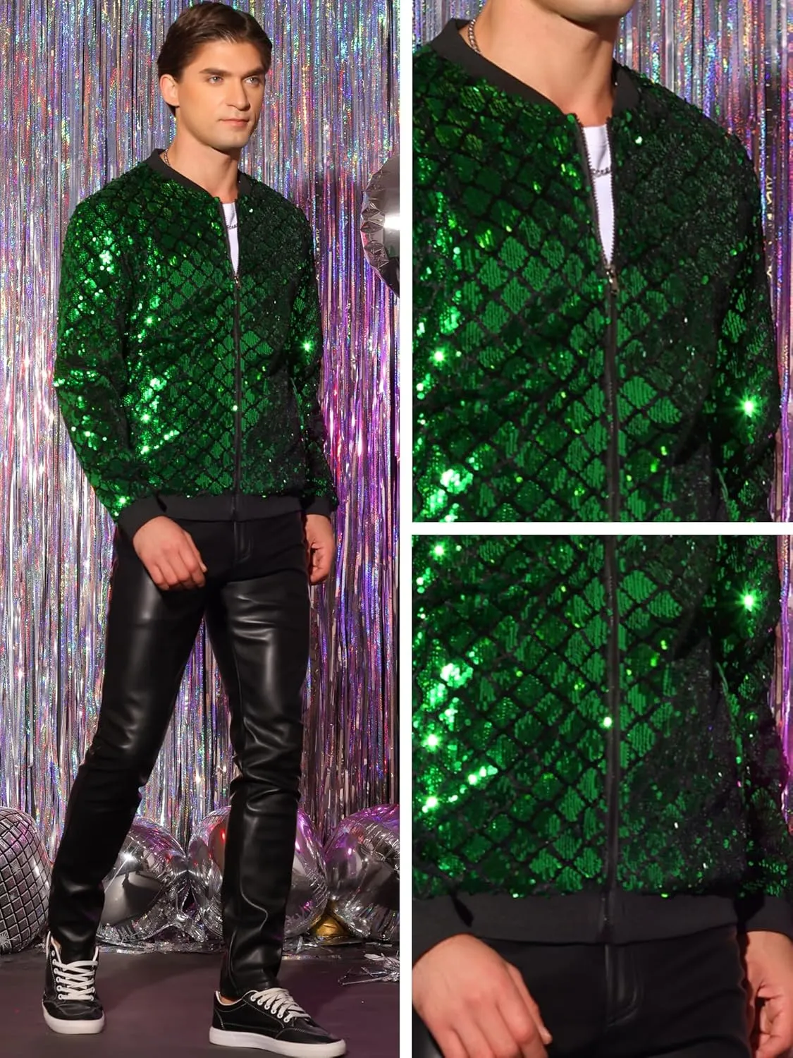 Lars Amadeus Argyle Sequin Bomber Jacket for Men's Party Club Shiny Baseball Varsity Jacket