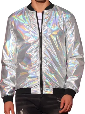 Lars Amadeus Holographic Baseball Jacket for Men's Zipper Disco Bomber Metallic Jacket